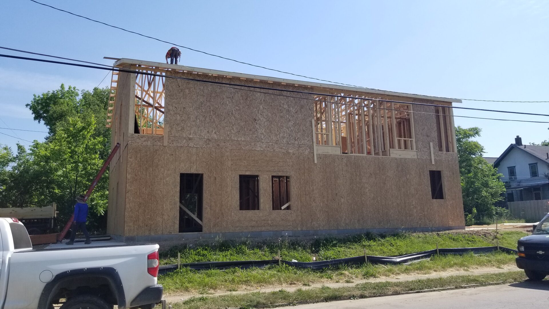 A new house under construction at the framing stage