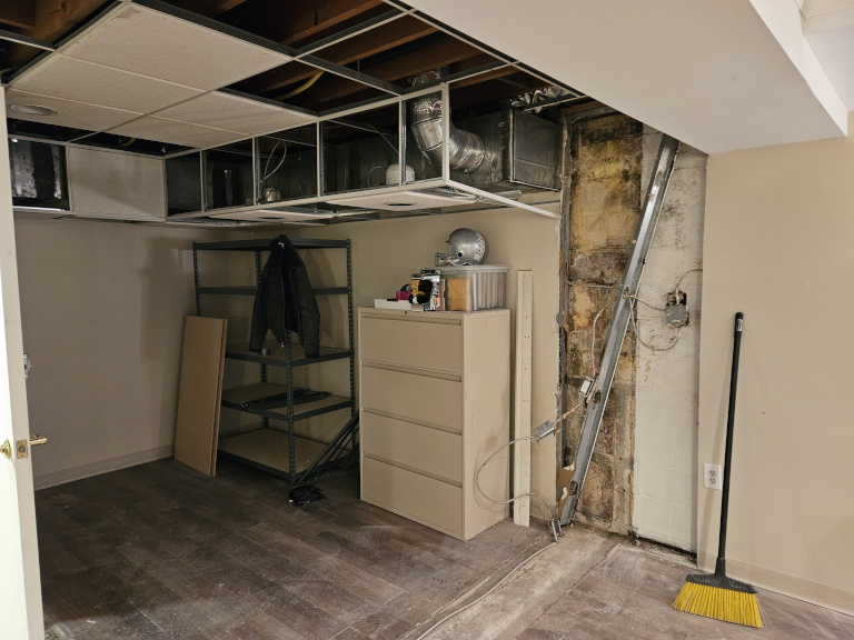 Lower level before — unfinished storage room