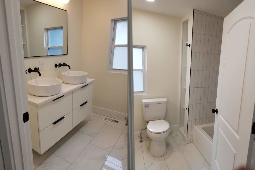 Second floor bath — vessel sinks, vertical subway tile, black hardware