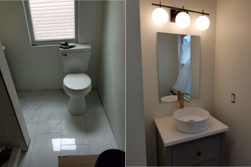 First floor half bath — vessel sink, globe lighting, tile floor