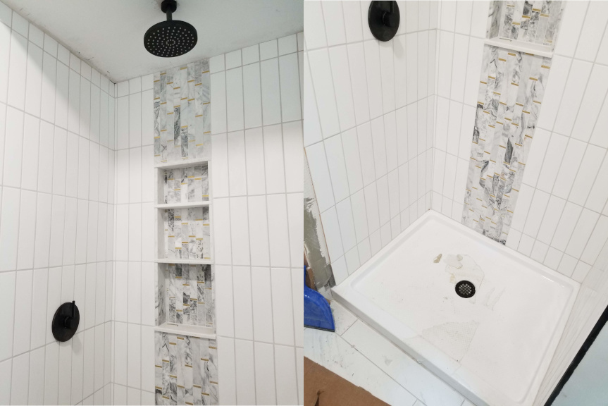 First floor shower — marble accent niche and rain head