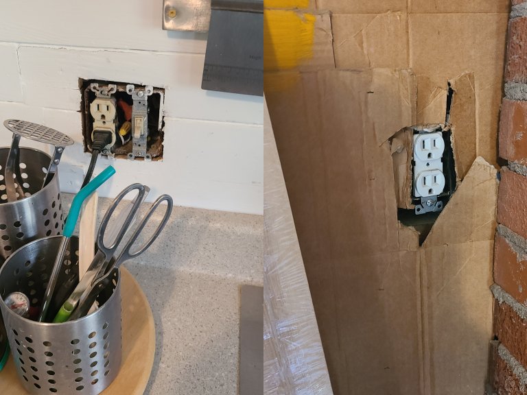 DIY electrical with no cover plates mounted in cardboard-backed wal