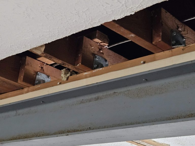 Joist hangers installed across the full length of the I-beam — every roof truss tied directly to the new steel