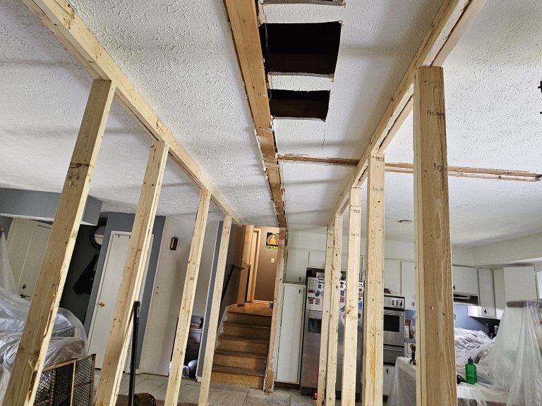 Temporary shoring spanning the full width of the house after bearing wall removal — ceiling opened for the beam