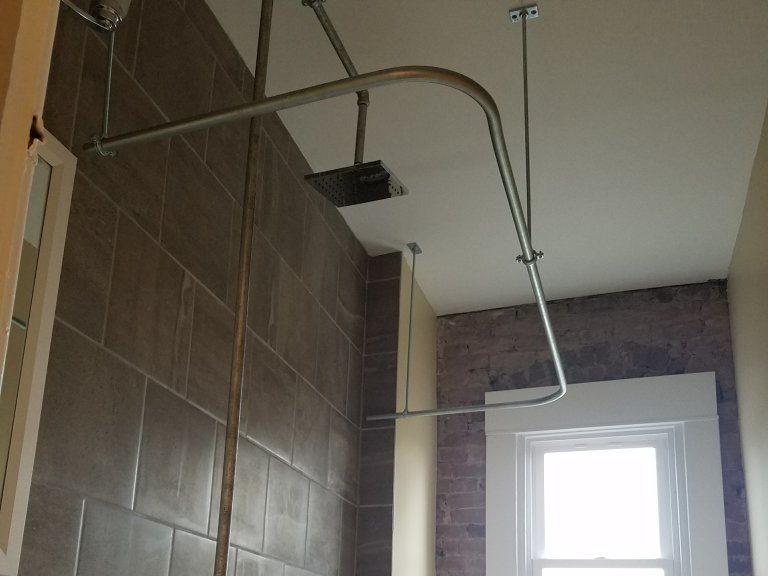 Bath custom curtain rod and shower divereter