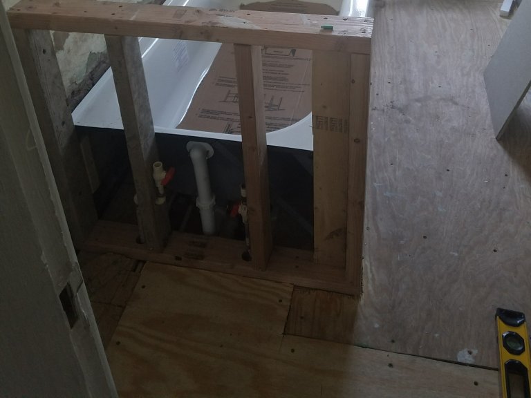Bath new subfloor and flooring underlayment. 
